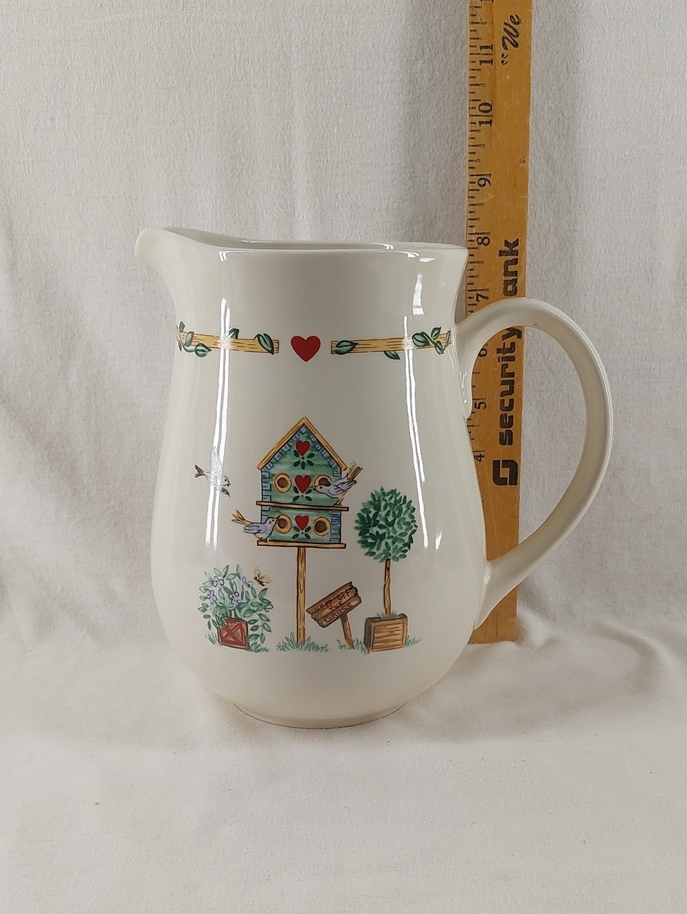 Thompson White Ceramic Pitcher with Printed Motif